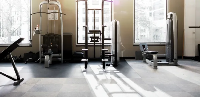Sunlit strength equipment on the ZUM training floor